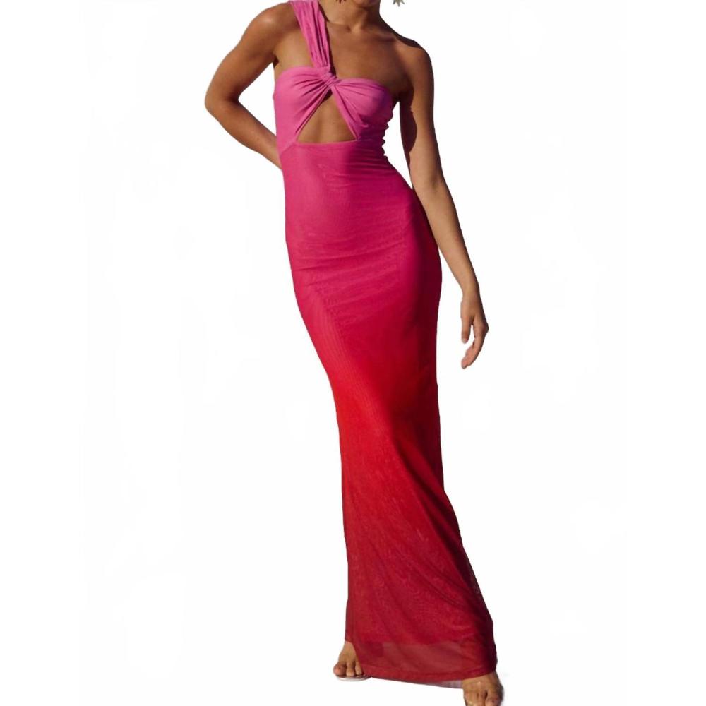 One-Shoulder Pink to Red Ombre Maxi Dress